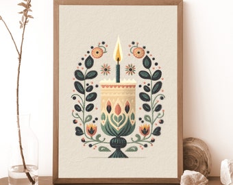 Scandinavian Folk Art Candle, Scandinavian Wall art, Folk art design, Folk art Pattern art, Danish art, Nordic Folk art