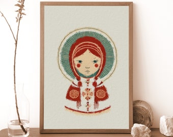 May include: A digital illustration of a person wearing a red hooded garment with a green and white patterned halo. The person has red cheeks and is looking straight ahead. The background is a light green color.