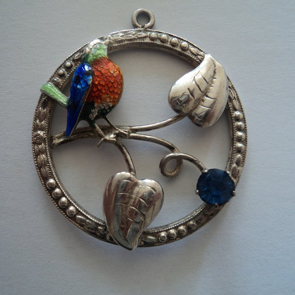 Vintage sterling silver and enamel bird pendant