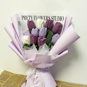 Knitted Tulip Bouquet, Crochet Purple Tulip Bouquet for Her, Birthday Gift, Mother's Day Gift, Artificial Tulip for Her