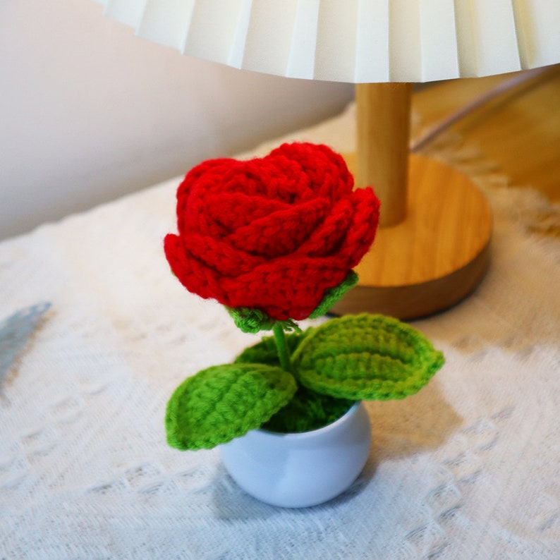 crochet red rose in pot