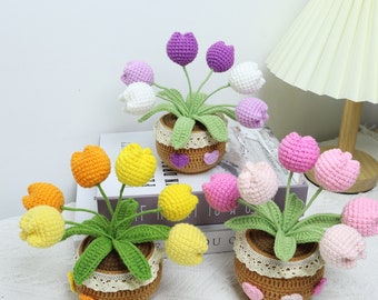 Crochet Tulip in Pot, Knitted Rose in Pot, Crochet Flower in Pot,Sunflower in Pot for Home Decor, Birthday Gift, Mother's Day Gift