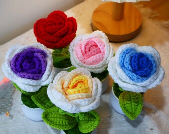 Rose en pot au crochet, tournesol en pot au crochet, fleur en pot au crochet, fleur en pot au crochet, cadeau pour elle, fleur pour décoration de bureau