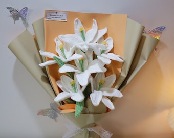 Bouquet de lys au crochet, bouquet de lys blancs en tricot, bouquet de lys 6 tiges au crochet pour elle, cadeau de remise des diplômes, cadeau d'anniversaire, cadeau de fête des mères