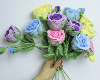 Crochet Finished Rose with Bud, Knitted Flower Bouquet, Crochet Single Stem Rose for Home Decor, Mother's Day Gift, Birthday Graduation Gift