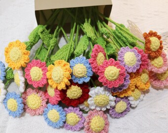 Fleur de marguerite tricotée, bouquet de fleurs de marguerite au crochet, marguerite blanche, marguerite rouge, marguerite jaune pour décoration d'intérieur, marguerite au crochet finie, cadeau pour elle