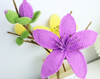 Fleur de Bombax Ceiba finie au crochet, Bombax Ceiba tricoté, Fleur simple au crochet pour décoration d'intérieur, Fleur mauve au crochet, Fleur jaune