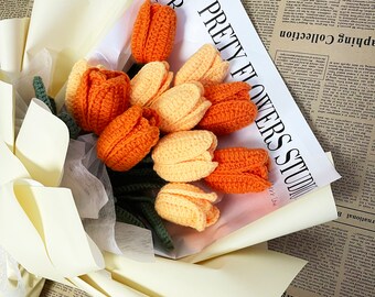 Orange and Yellow Tulip Bouquet, Crochet Tulip Bouquet, Artificial Tulip Bouquet for Her, Mother's Day gift, Gift for Teacher, Gift for Her
