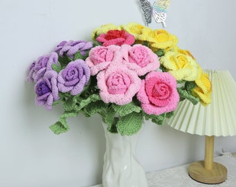 Crochet Single Stem Rose, Knitted Rose, Crochet Flower for Home Decor, Pink Rose,Yellow Rose, Birthday Gift, Graduation Gift