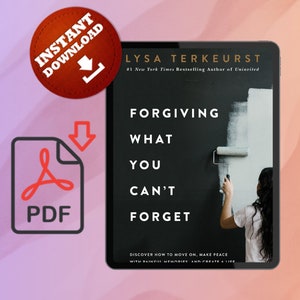 May include: Book cover with a black background and white text that reads "Forgiving What You Can't Forget". The author's name, "Lysa Terkeurst", is printed in white above the title. The cover features a person painting a wall white with a paint roller.