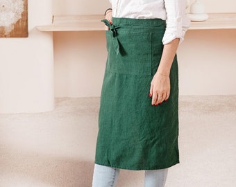 Linen waist apron with pockets. Linen half apron. Waist linen apron, wrap apron. Cafe apron kitchen, bistro apron for women. Gift for mom