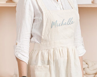 Personalised linen apron pinafore dress with pockets. Linen pinafore apron embroided dress retro apron for women. Personalized apron linen