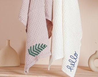 Embroidered linen waffle towels: Hand towels or Bath Towels. Personalized towels linen embroidered waffle linen towels. Monogrammed towels