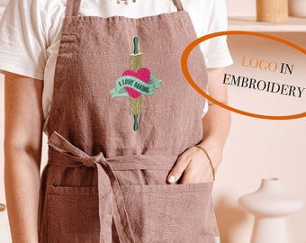 Embroidered linen apron with pockets for women and men. Personalized linen apron for cooking, gardening, baking, working Linen kitchen apron