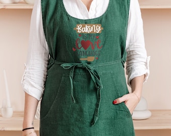 Emroidered apron linen cobbler. Personalized linen cobbler apron with pockets. Personalised apron farmhouse. Linen apron for women and men