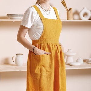 Linen pinafore apron dress. Retro apron with pockets,  full apron for women. Cute apron for cooking, gardening, baking, working, nursing.