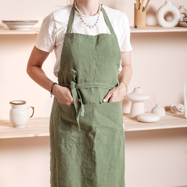 Leinenschürze für Frauen mit Taschen, Kochschürzen für Damen gartenarbeit Schürze mit Taschen, Damenschürze Leinen, handgemachte Schürzen für Frauen