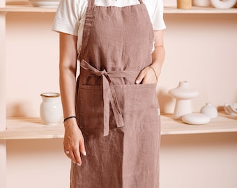 Linen apron with pockets for women and men. Washed linen apron for cooking, gardening, baking, working. Full apron, Soft linen kitchen apron