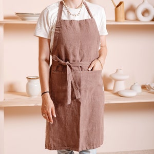 Linnen schort met zakken voor dames en heren. Gewassen linnen schort om te koken, tuinieren, bakken, werken. Volledig schort, zacht linnen keukenschort Dusty rose