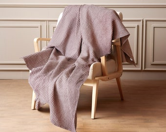 Linen Cotton Waffle Throw Blanket, Stone Washed Bedspread