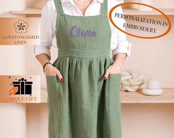 Personalized linen pinafore apron dress with pockets. Pinafore linen apron embroided dress retro apron for women. Personalized apron linen