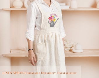 Linen pinafore apron dress with logo. Personalized apron linen dress retro. Embroidered pinafore linen apron dress retro apron for women.