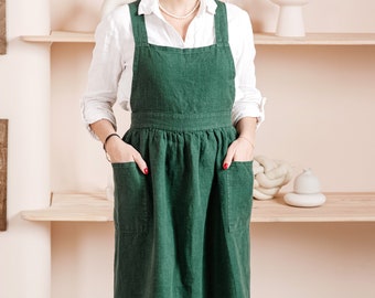 Linen Apron Dress, Retro Pinafore with Pockets, Plus Size