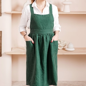 Linen apron dress. Pinafore apron plus size, linen aprons for women retro. Linen pinafore apron with pockets,  full apron for women.