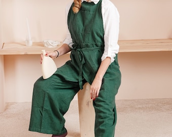 Gewaschene Leinen Split Leg Schürze mit Taschen, Unisex Keramik Schürze