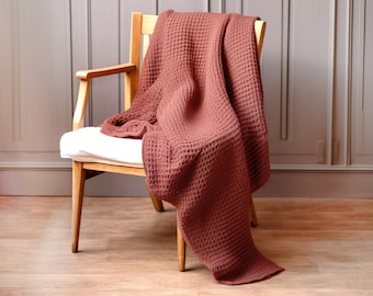 Linen Cotton Waffle Throw Blanket, Stone Washed, 53x81 Inches