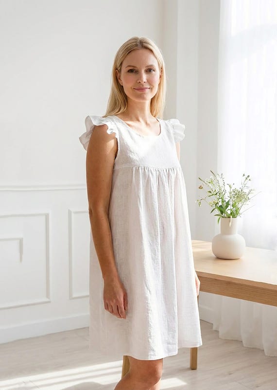 flowy sleep dress White Linen Ruffle Nightgown | Custom Size Sleepwear Loungewear global-hip_fit-Column
