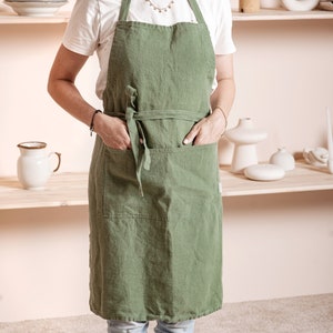 Linnen schort met zakken voor dames en heren. Gewassen linnen schort om te koken, tuinieren, bakken, werken. Volledig schort, zacht linnen keukenschort Groen