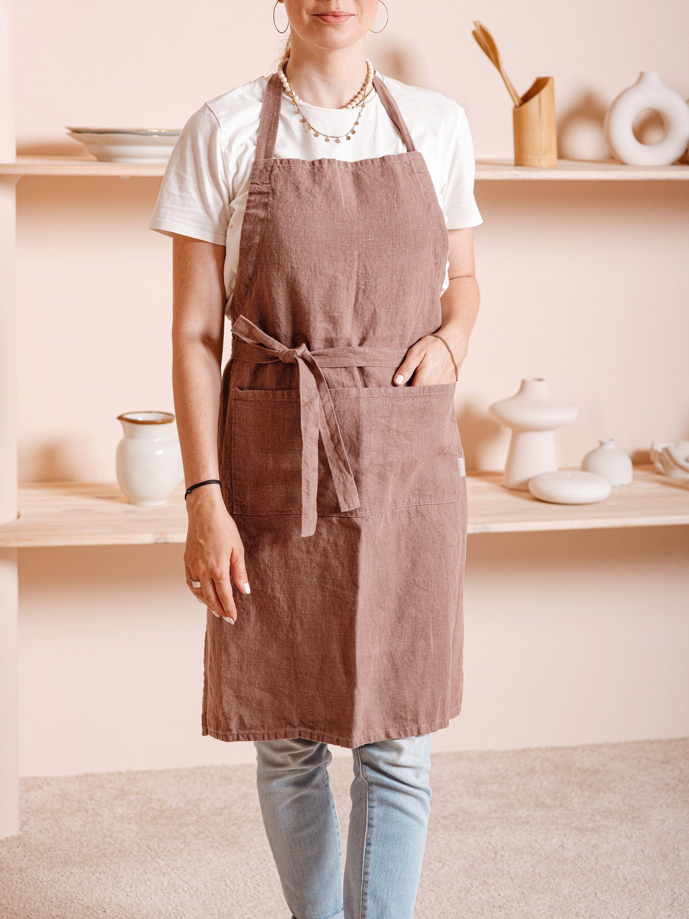 Linen apron with pockets for women and men. Washed linen apron for cooking, gardening, baking, working. Full apron, Soft linen kitchen apron