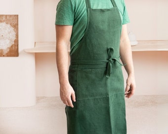 Linen apron for men. Linen mens apron with pockets. Linen cooking man apron. Chef apron and barista apron. Gift for him, father day gift