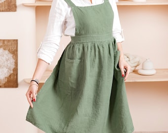 Linen pinafore apron with pockets - cross back apron dress for women.
