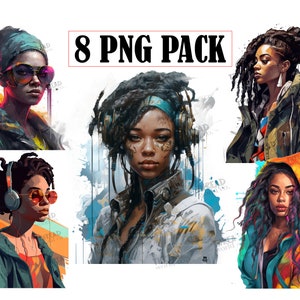 Op de afbeelding: Digitale kunstprintset van acht afbeeldingen met vrouwen met kleurrijk haar en kleding. Elke afbeelding heeft een unieke stijl en kleurenpalet. De afbeeldingen zijn perfect om elke ruimte een vleugje persoonlijkheid te geven.