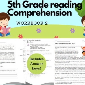 5th Grade Reading Comprehension (Workbook 2)  Worksheets Short stories summer reading Fifth Grade Learning book