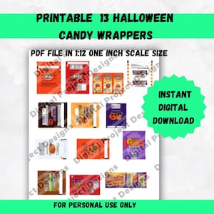 Miniature Halloween Candy Bars Printable Digital File 1/12 Scale Doll Size Mini Dollhouse Template Dolls Instant Digital Download PDF File