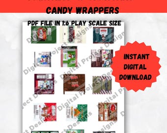 Miniature Christmas Candy Bars Printable Digital File Mini Dollhouse Template Dolls Instant Digital Download PDF File 1/6 Scale Doll Size