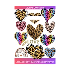 Pode incluir: Um conjunto de 10 imagens digitais de clipart de corações de estampa de leopardo em várias cores e padrões. Os corações são perfeitos para artesanato do Dia dos Namorados, scrapbooking e outros projetos criativos. O texto "XOXO LOVE" está incluído na imagem.