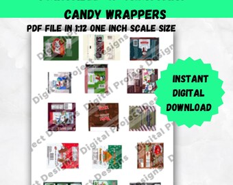 Miniature Christmas Candy Bars Printable Digital File 1/12 Scale Doll Size Mini Dollhouse Template Dolls Instant Digital Download PDF File