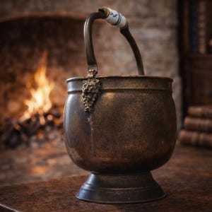 Cubo de carbón antiguo de cobre – Asas con forma de cabeza de león, mango de cerámica, decoración rústica