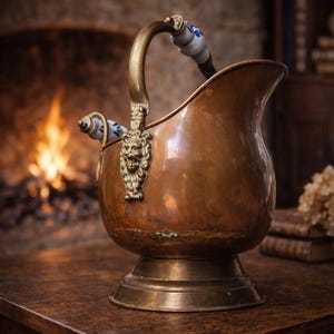 Puede incluir: Un cubo de carbón de cobre con un asa de latón y un detalle de cabeza de león. El asa tiene detalles de cerámica blanca y azul. El cubo se asienta sobre una base de latón. El fondo presenta una chimenea y libros.