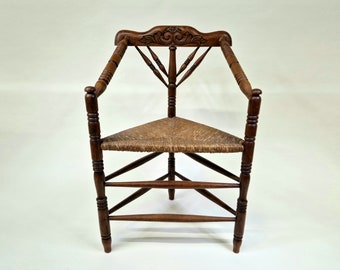 Antique 3 Leg Oak Carved Knitting Chair with Aged Wicker Seat