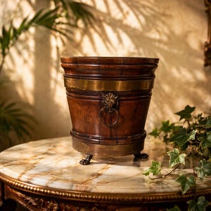 May include: A dark wooden bucket with brass accents and lion's head ring handles. The bucket sits on a marble-topped table with ornate wooden legs. The bucket has a decorative design and is likely an antique.