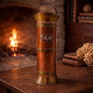 Könnte beinhalten: Ein antiker Behälter aus Kupfer und Messing mit Griff. Der zylindrische Körper hat Messingbänder und einen Messingfuß. Der Text "6-KAN" ist auf der Vorderseite zu sehen. Der Behälter steht auf einem Holztisch.