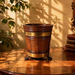 May include: A wooden bucket with brass bands and claw feet sits on a wooden table. The bucket has a dark brown finish with a lighter brown interior. The brass bands add a touch of elegance to the antique design.