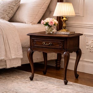 May include: A dark brown wooden nightstand with a drawer and ornate brass hardware. The nightstand has curved legs and a small lamp with a cream-colored shade. A vase of pink flowers sits on top.