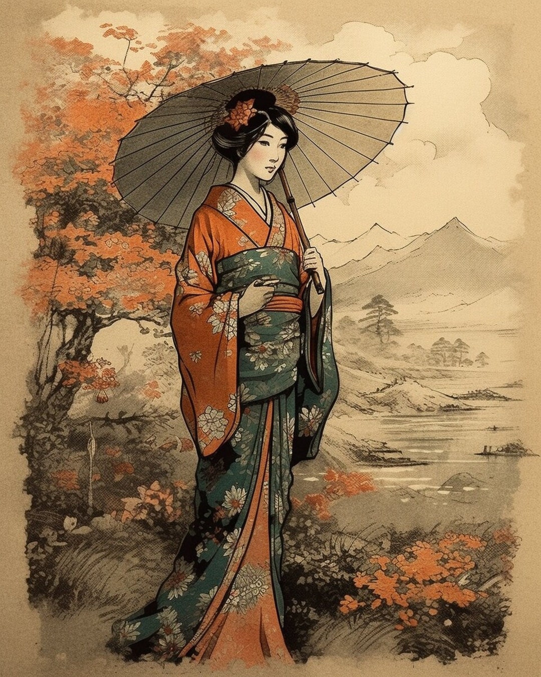 Geisha Japanese Style Drawing Art Digital Print Of Beautiful And 