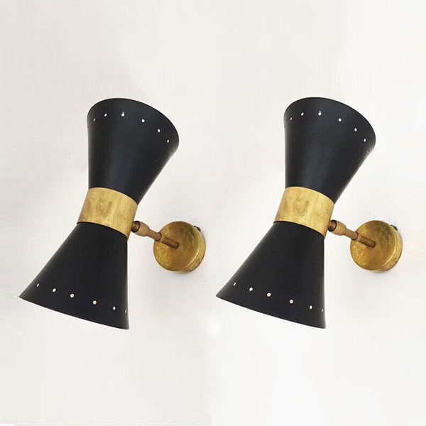 1950's Wall Light Lamp Italian Stilnovo Diablo Matte Black in Raw Brass Finish , Wall Lighting , Vanity Lamp Bathroom Lamp Handmade